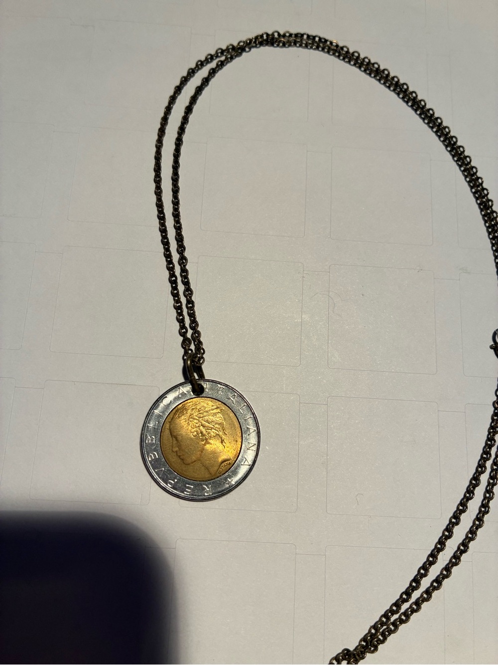 Vintage Italian coin necklace on long silver tone chain